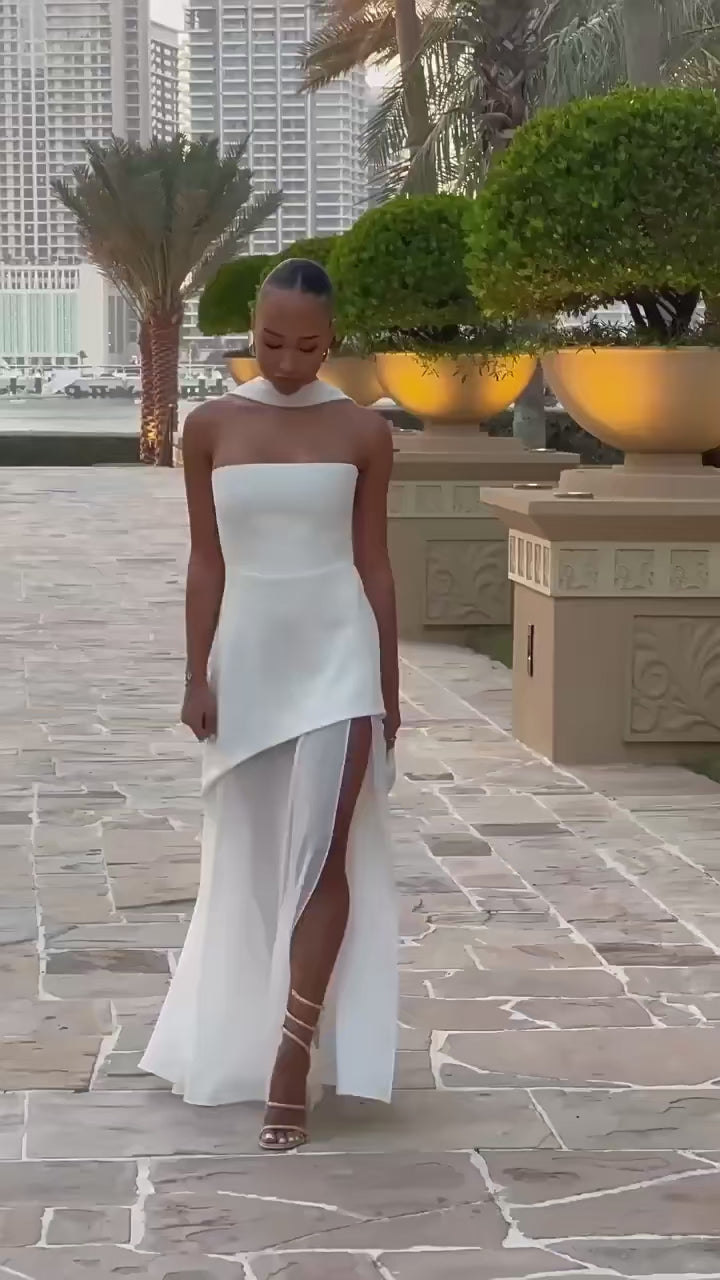 Damen trägerloses Maxikleid mit Halstuch-Element und Schlitzrock