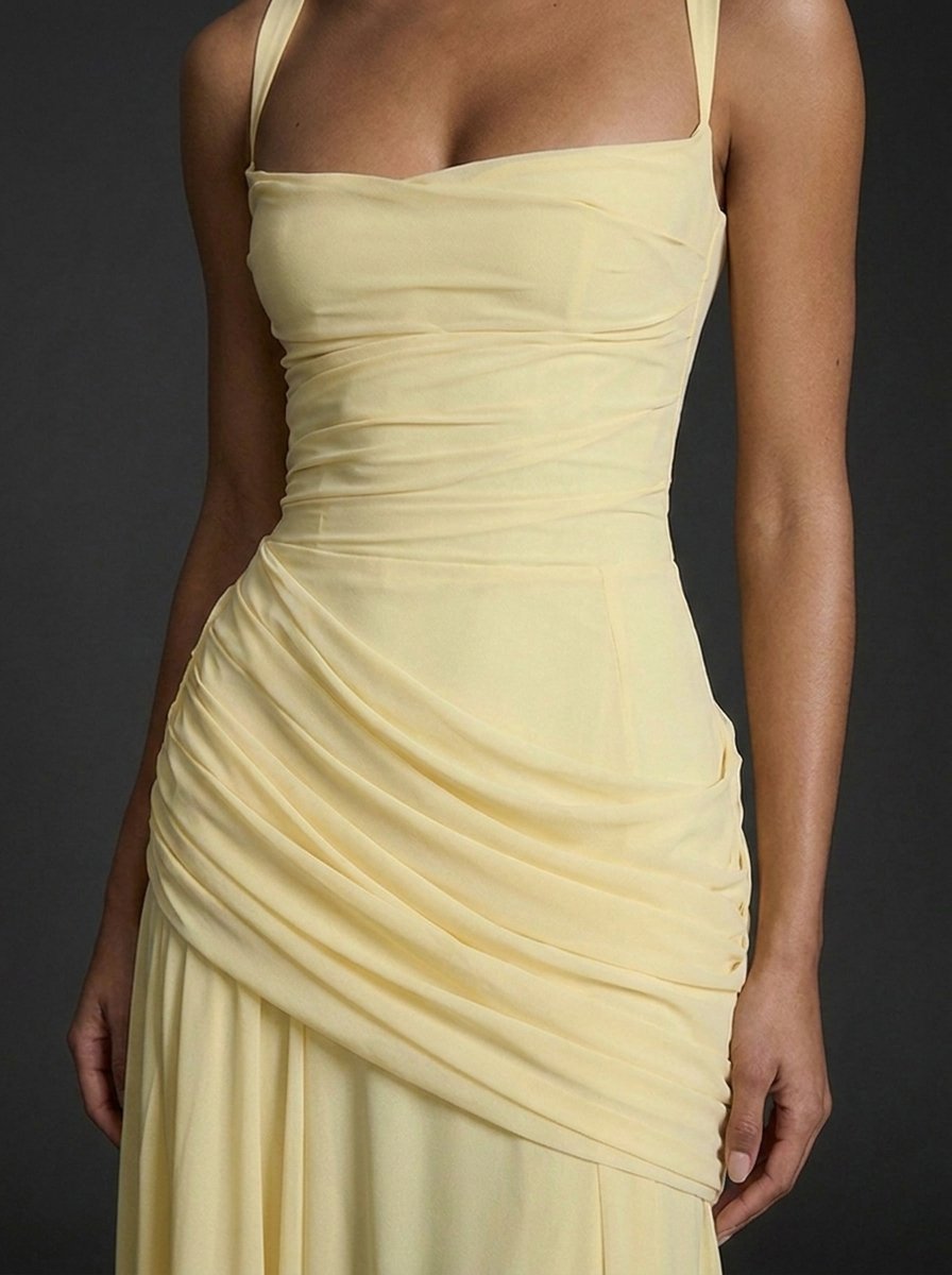 Mia | Damen Träger Gerafftes Maxi Hochzeitsgast Kleid
