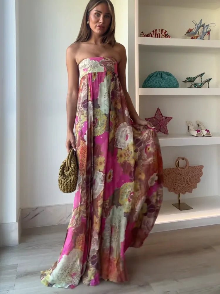 Sophie | Damen Trägerloses Blumen Maxi Hochzeitsgast Kleid