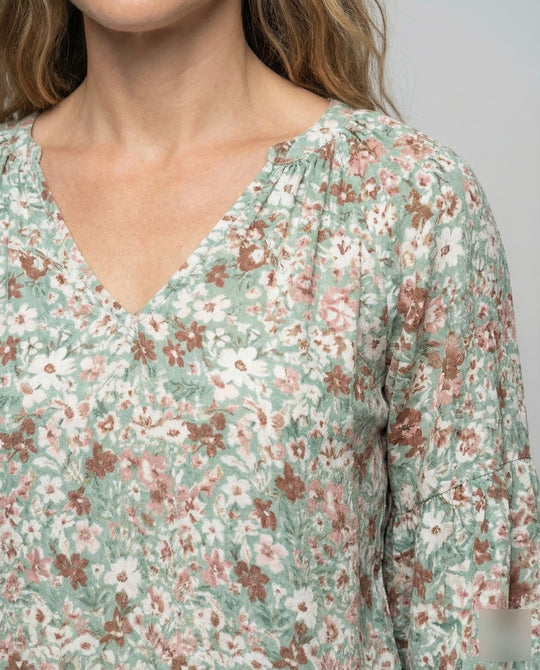 Damen V-Ausschnitt Bluse mit Blumenmuster und langen Ärmeln