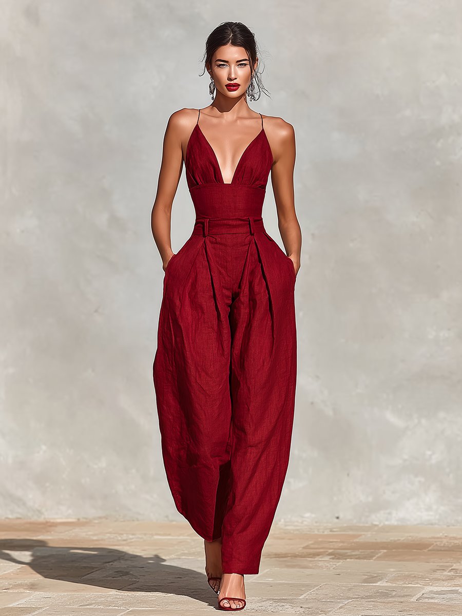 Greta | Damen Weites Leinen Trägerkleid Hohe Taille V-Ausschnitt