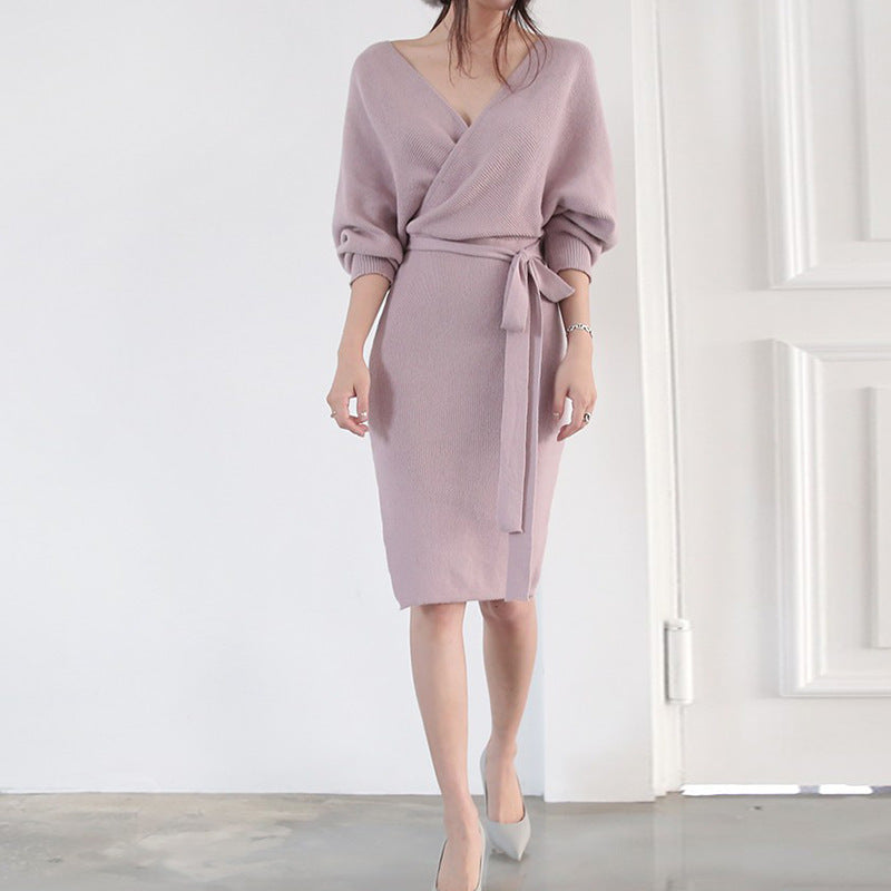 Damen Wickelstrickkleid mit V-Ausschnitt und Bindegürtel