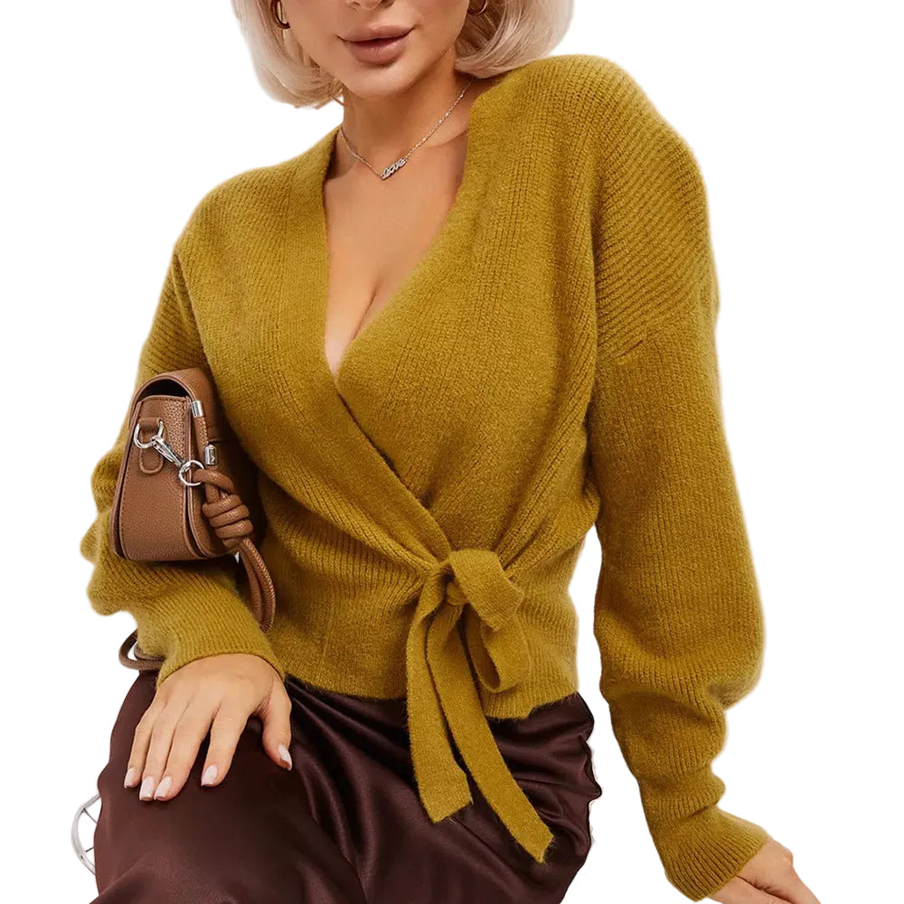 Damen Wickelstrickpullover mit V-Ausschnitt und Bindegürtel
