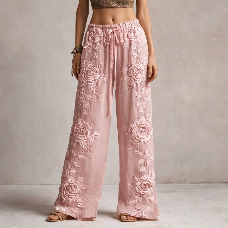 Hannah | Damen Wide-Leg Hose mit floraler Stickerei elastischer Bund