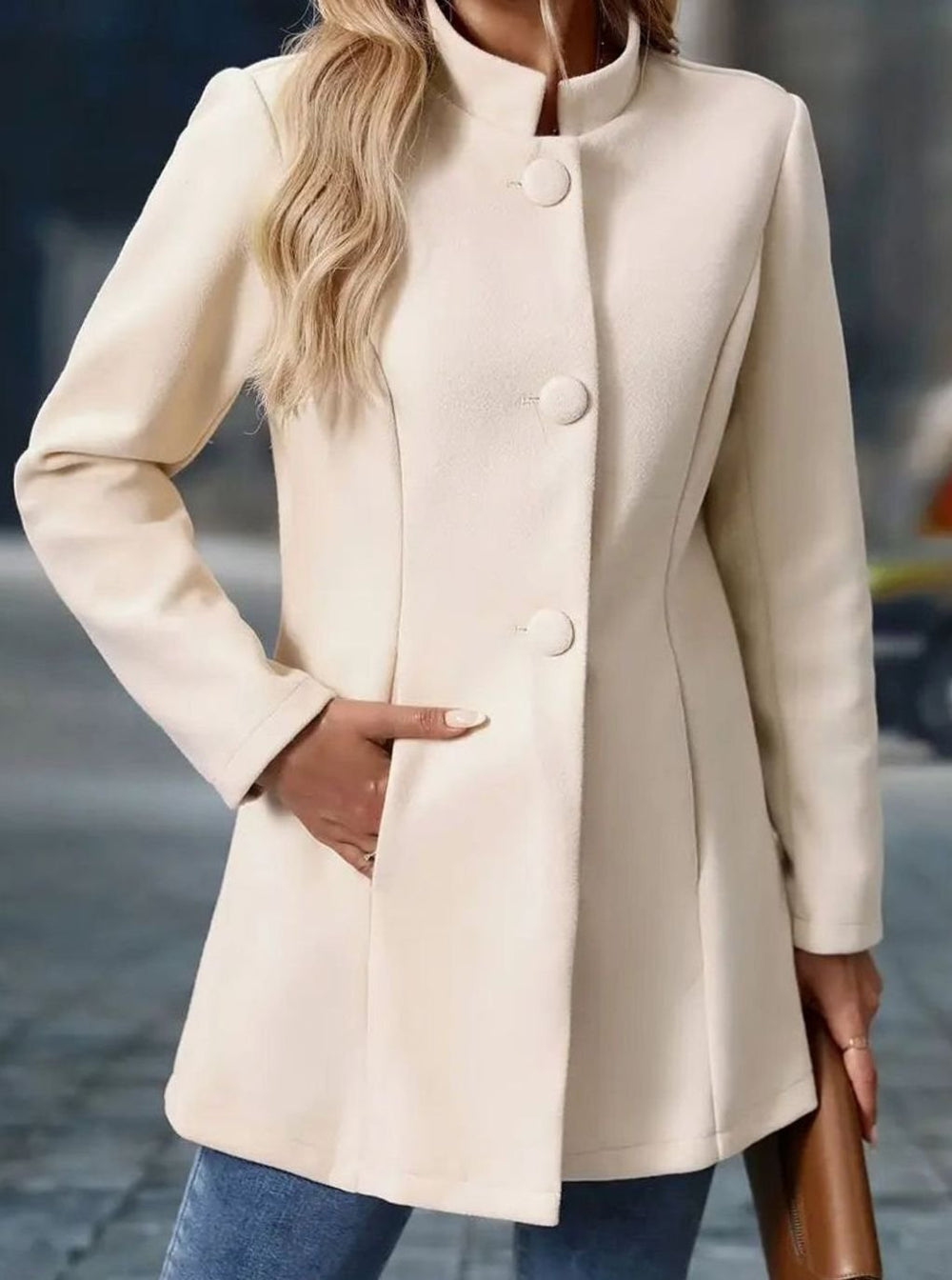 Greta | Damen Wintermantel mit Knöpfen Stehkragen eleganter langer Schnitt
