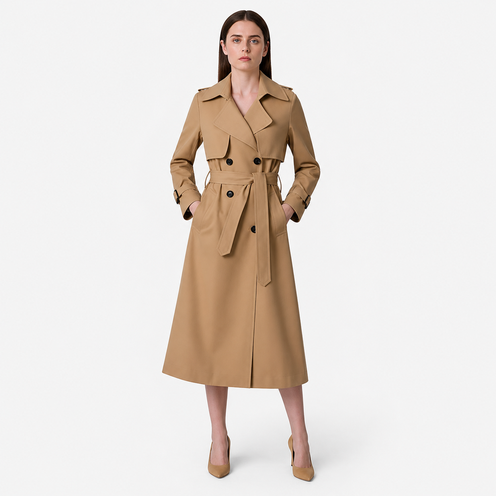 Damen Zweireihiger Trenchcoat mit Gürtel und Reverskragen sowie Ärmelriemen