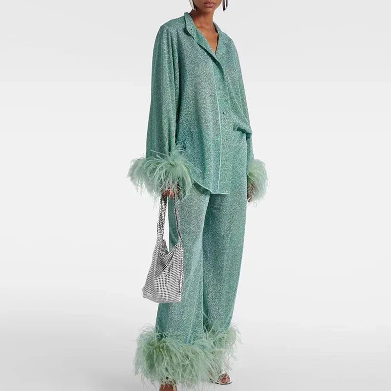 Damen Zweiteiler mit Hose und Federdetails