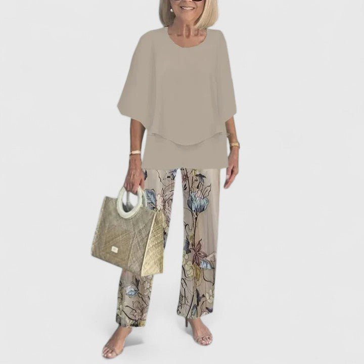 Emilia | Damen Zweiteiliges Fledermaus-Top Botanik Weitbein-Hosen Set