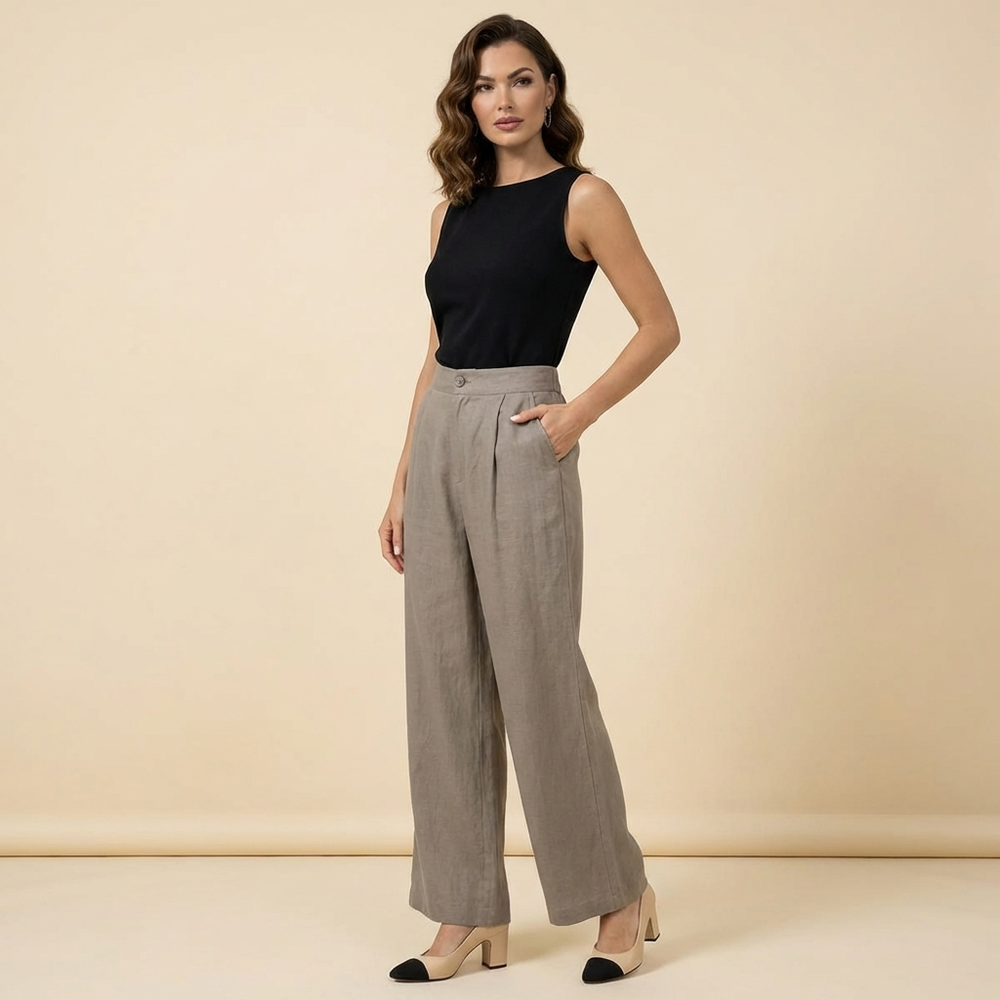 Damenhose mit hohem Bund, weitem Bein, Frontfalten und Seitentaschen