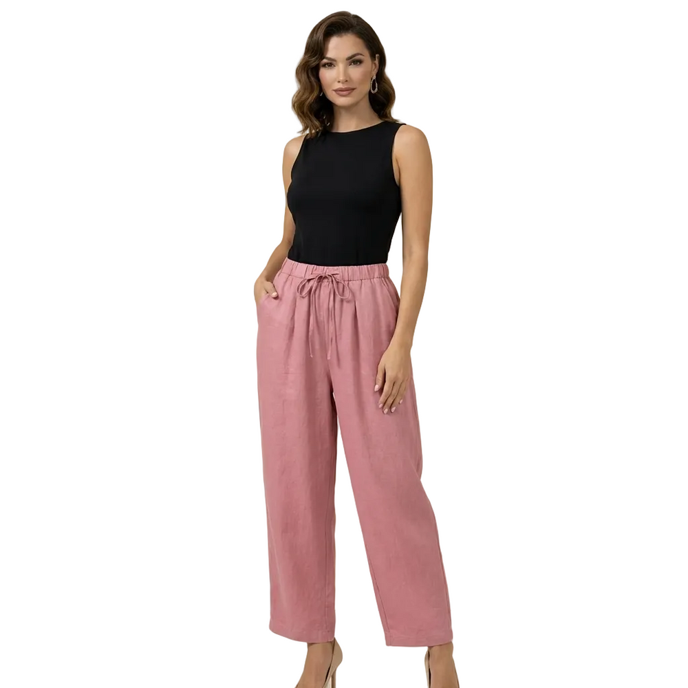 Damenhose mit hohem Bund, weitem Bein, Kordelzug und Seitentaschen
