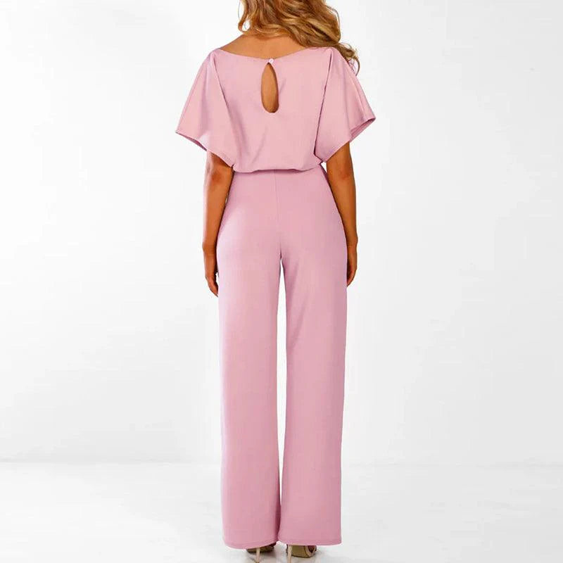Damen’s Jumpsuit mit kurzen Ärmeln, weitem Bein und Taillenband