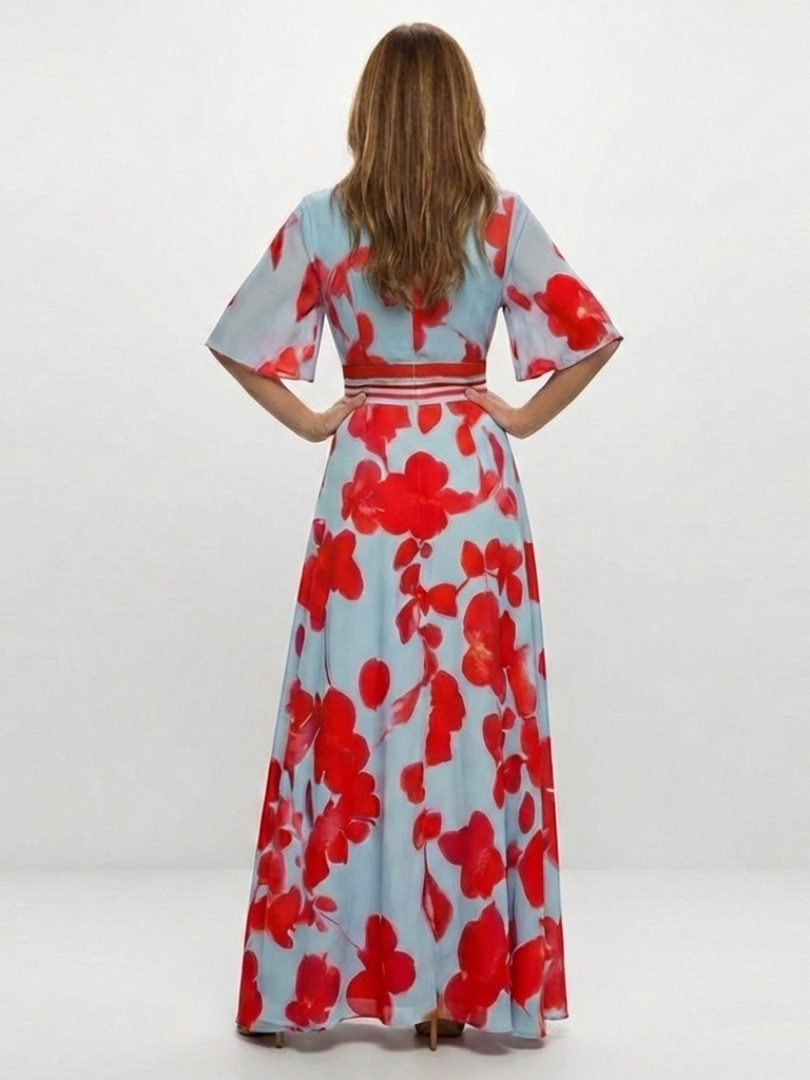 Corinne | V-Ausschnitt Kurzarm Blumenmaxikleid