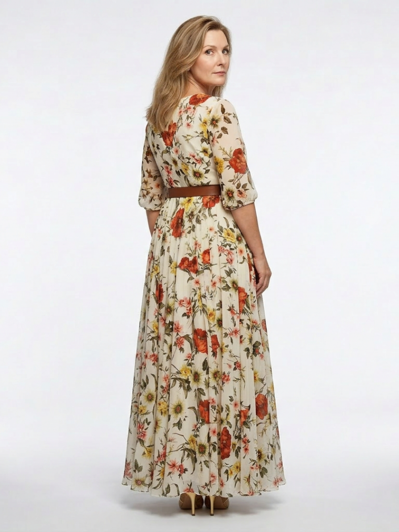 Odelia | Maxikleid mit Rundhalsausschnitt und drei Viertel Ärmeln, mit Gürtel