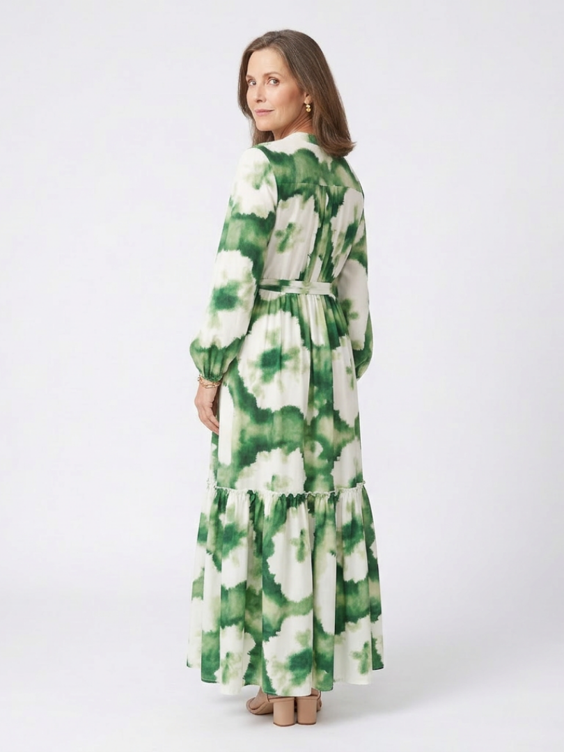 Sabine | Langärmliges Maxikleid mit Taillenknoten und Stufenrock