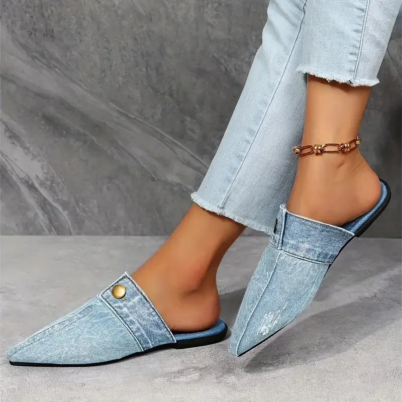 Demi | Damen Denim-Mules Spitz Flach Slip-on Jeans-Look