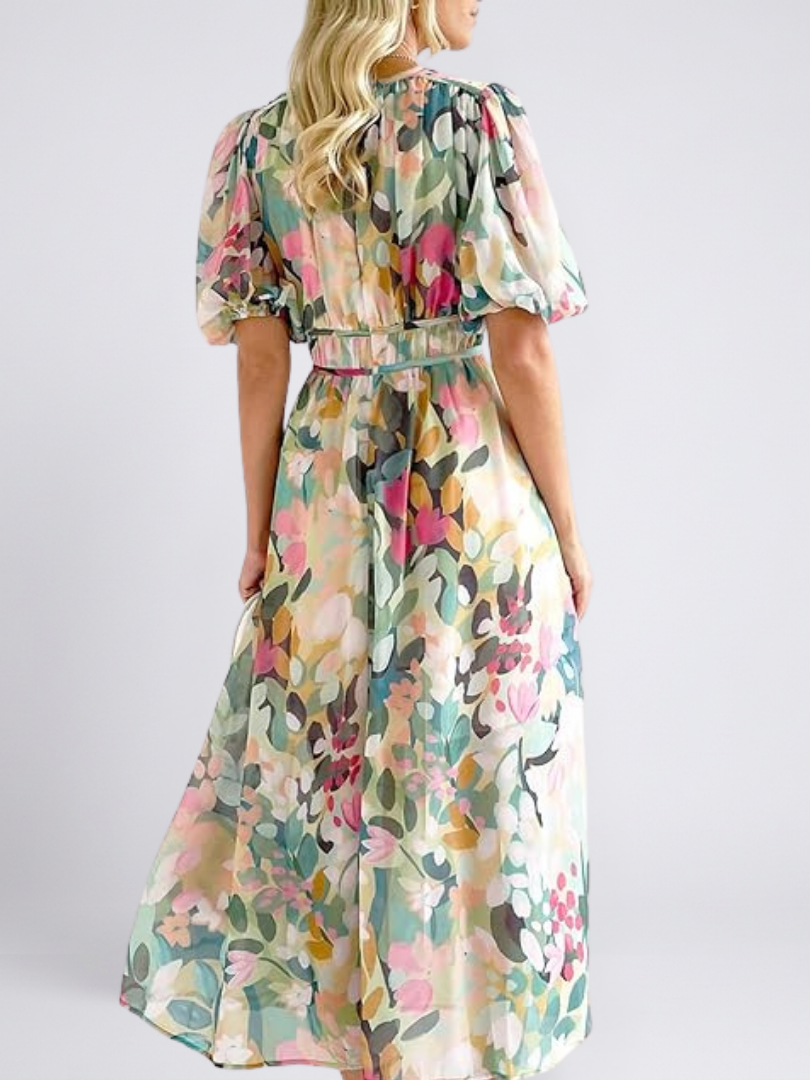 Eulalie | V-Ausschnitt Kurzarm Kleid mit geraffter Taille Midi
