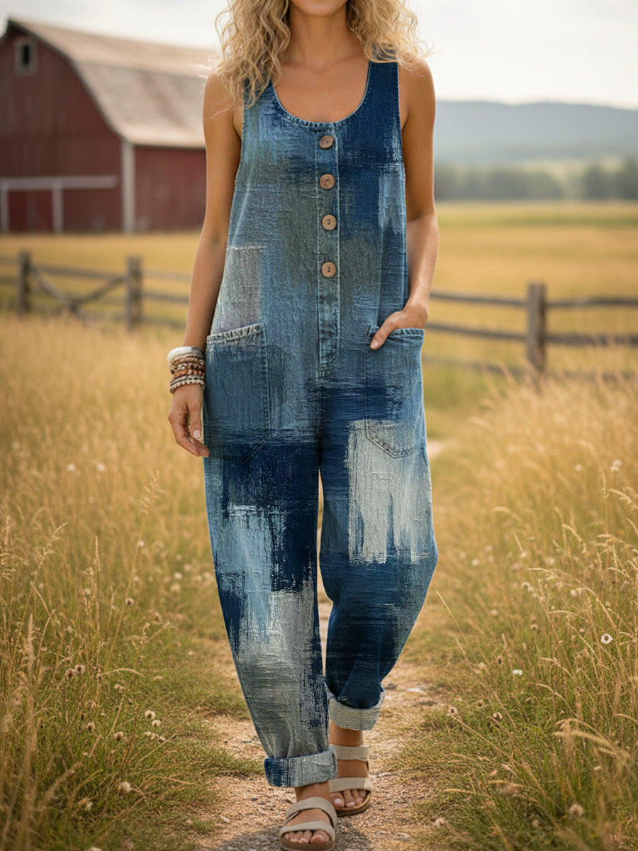Lässiger Denim-Jumpsuit für Frauen mit distressed Kunstdruck