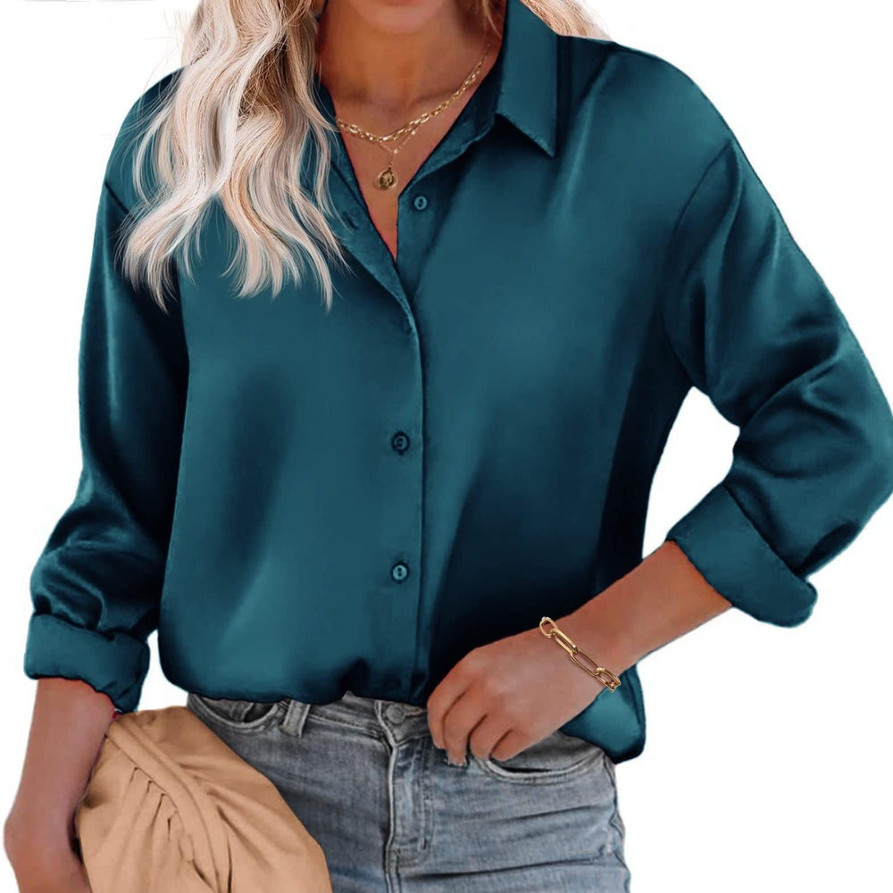 Damen Satinbluse Knopfverschluss Lange Ärmel