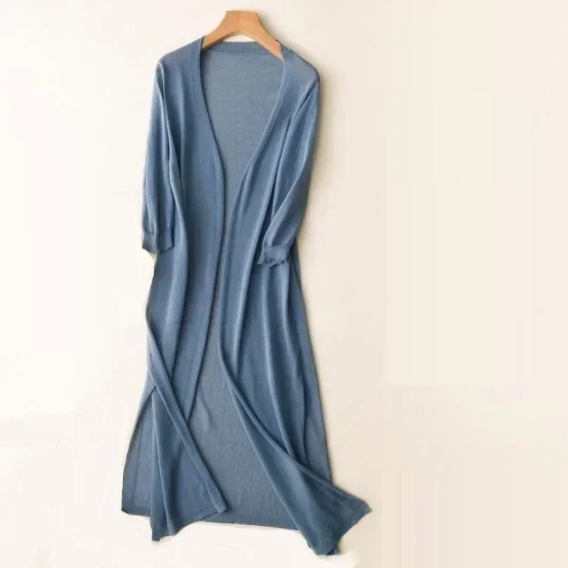Elsbeth | Damen Langer Cardigan Offen Maxi Strickjacke