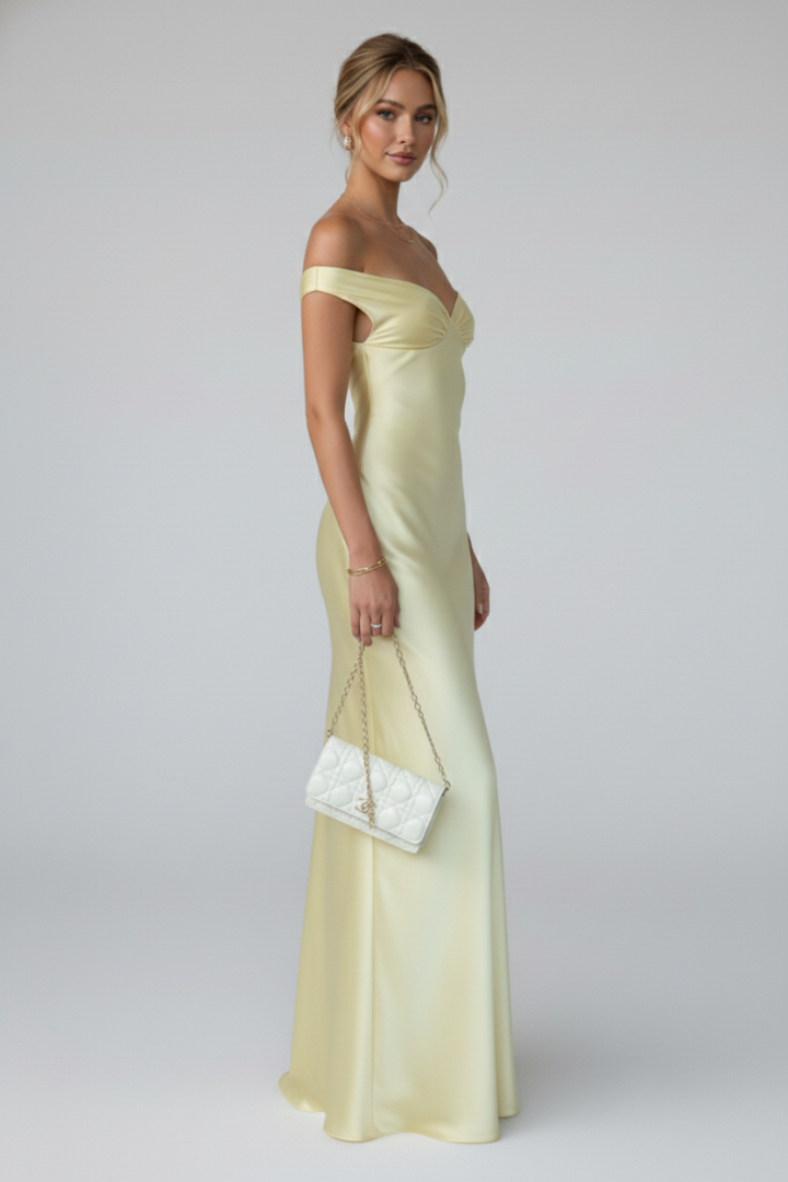 Estelle | Damen Off-Shoulder Maxikleid in Champagner