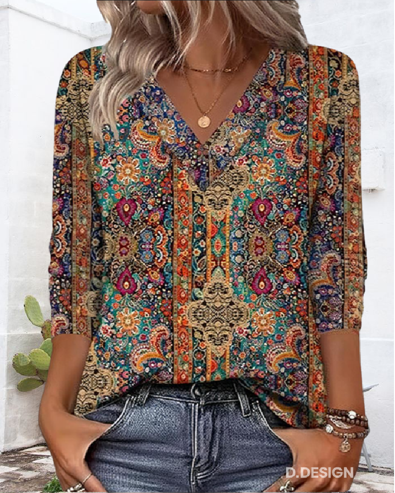 Vintage-inspirierte V-Ausschnitt Druckbluse