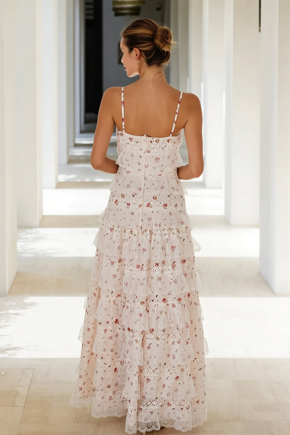 Sexy Cami Maxikleid mit Spitzenbesatz Print und Rüschensaum