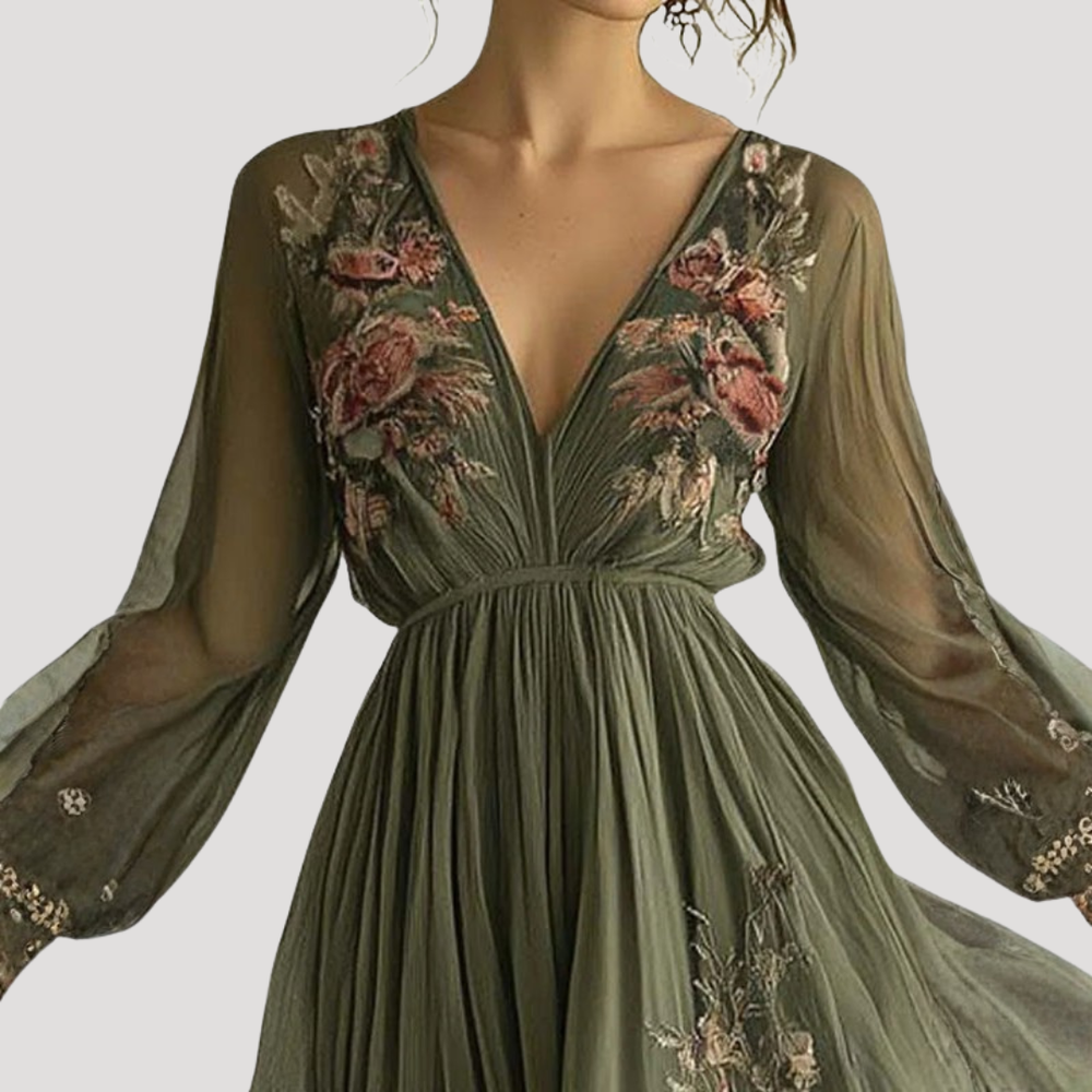 Fiona | Damen V-Ausschnitt Blumen Maxikleid mit Empire-Taille