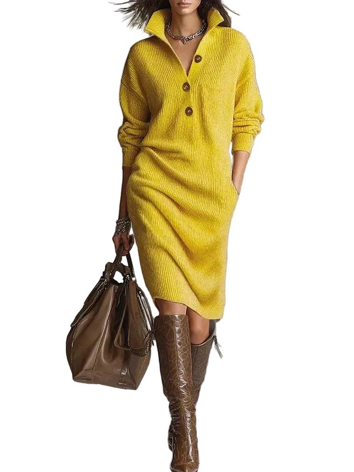 Geripptes Damen-Midikleid aus Strick mit Knopfleiste