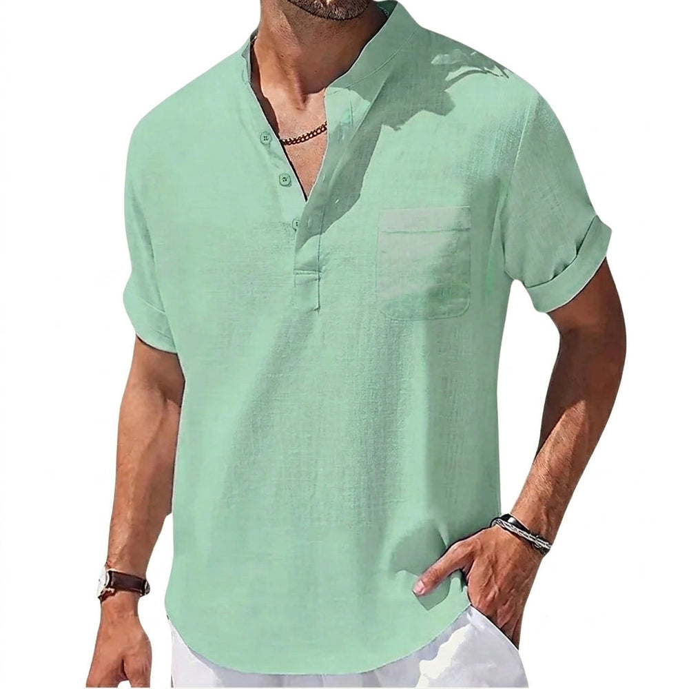Herren Henley Hemd mit Kurzarm und Stehkragen und Brusttasche