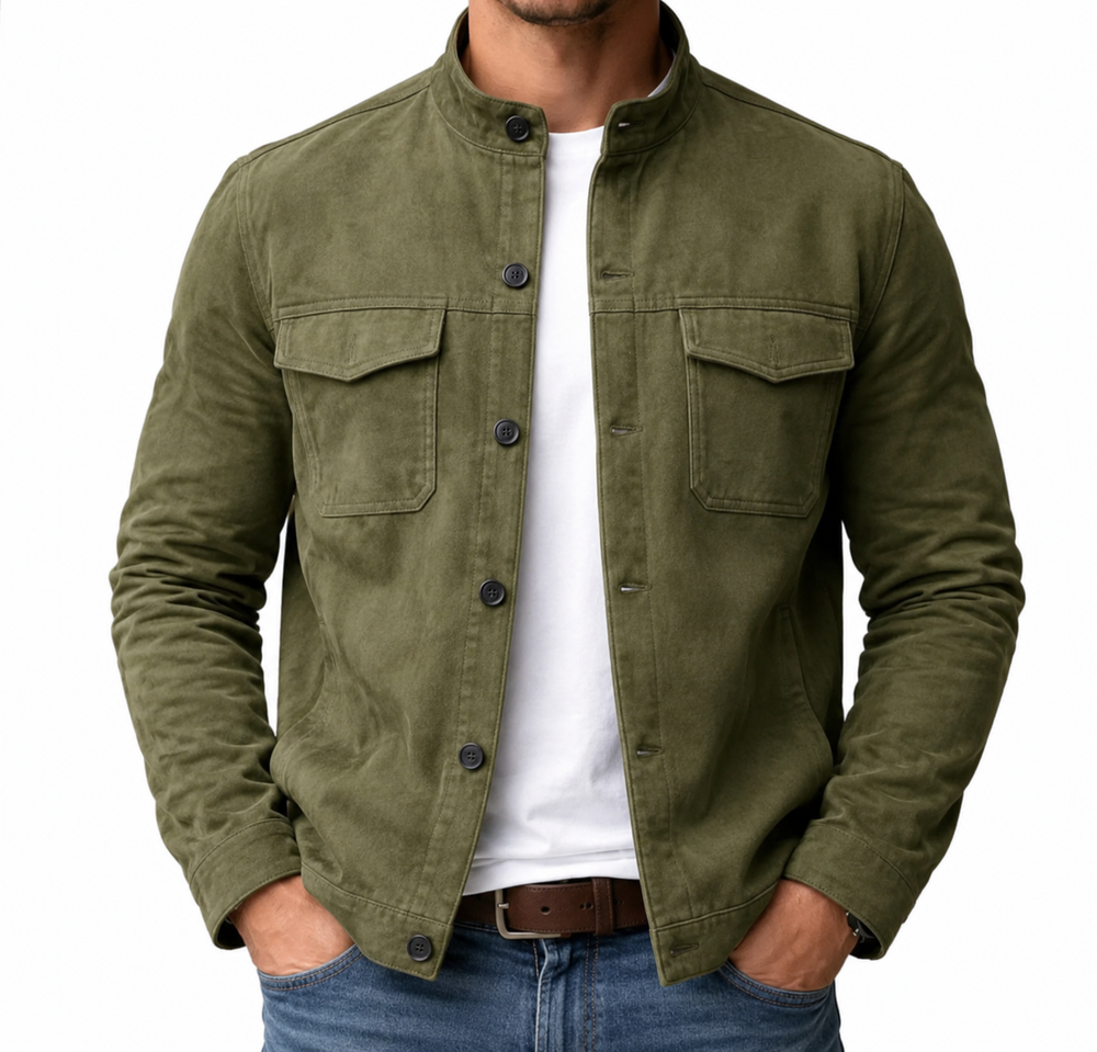 Herren Jacke mit Knopfleiste, Stehkragen und Brusttaschen mit Klappe