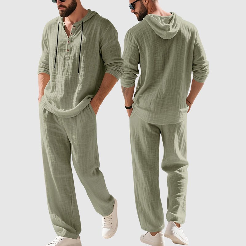 Andreas | Herren Kapuzen-Henley Leinen Set Relaxed-Fit Loungewear
