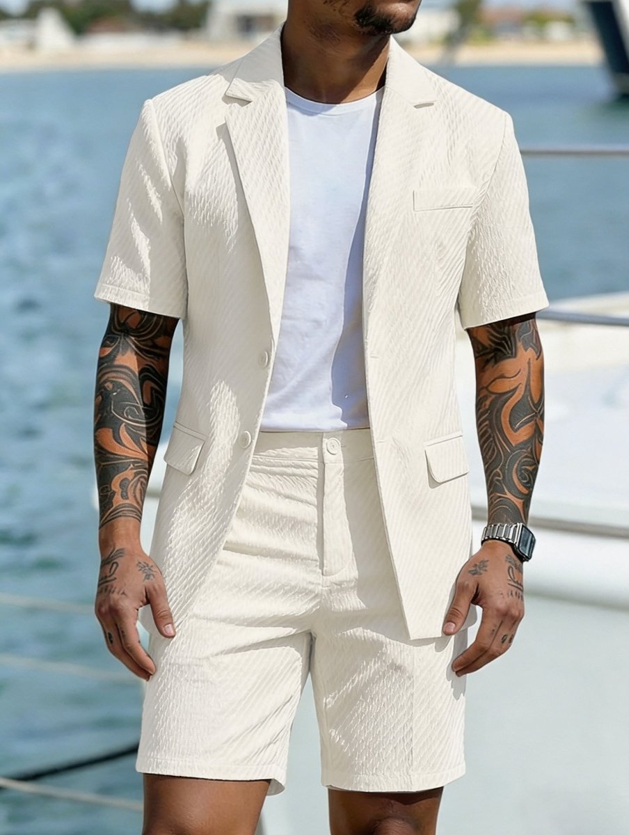 Herren Kurzarm-Blazer und Shorts Set mit Strukturmuster