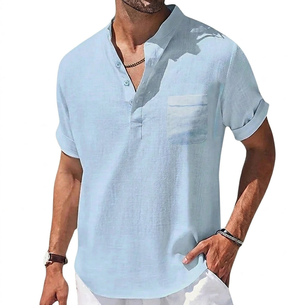 Herren Kurzarm Henley Hemd mit Stehkragen und Brusttasche