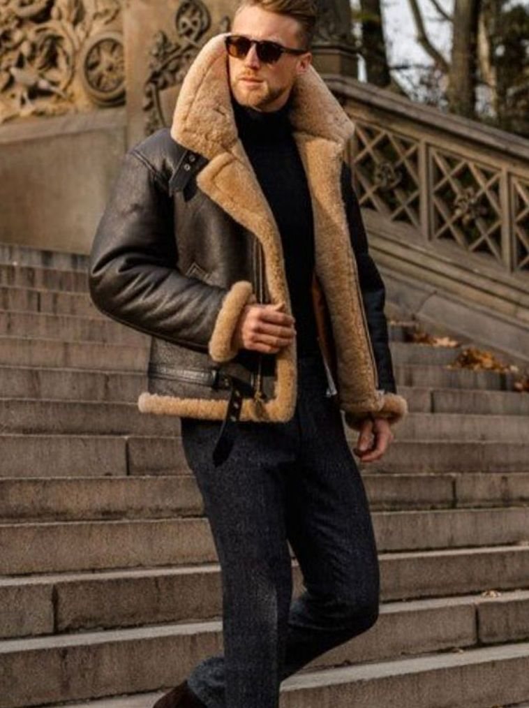 Niklas | Herren Lammfell-Fliegerjacke mit Reißverschluss klassischer Aviator-Schnitt