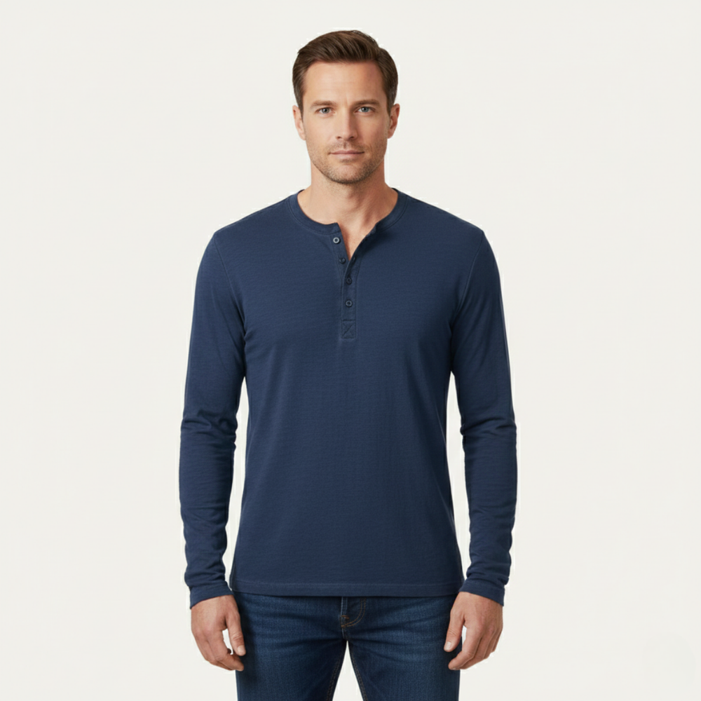 Herren-Langarm-Henley-Shirt mit Knopfleiste und Rundhalsausschnitt