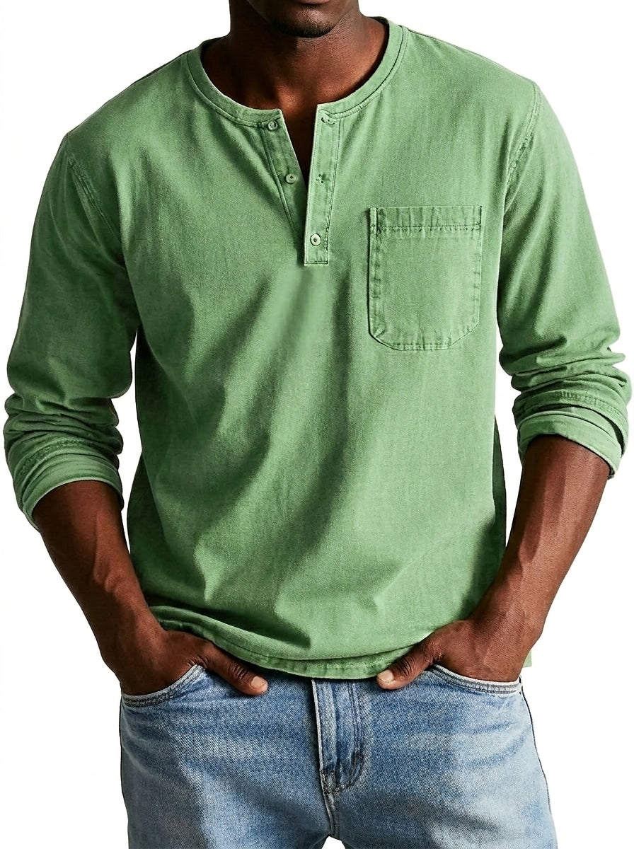 Herren Langarm-Henleyshirt mit Knopfleiste und Brusttasche