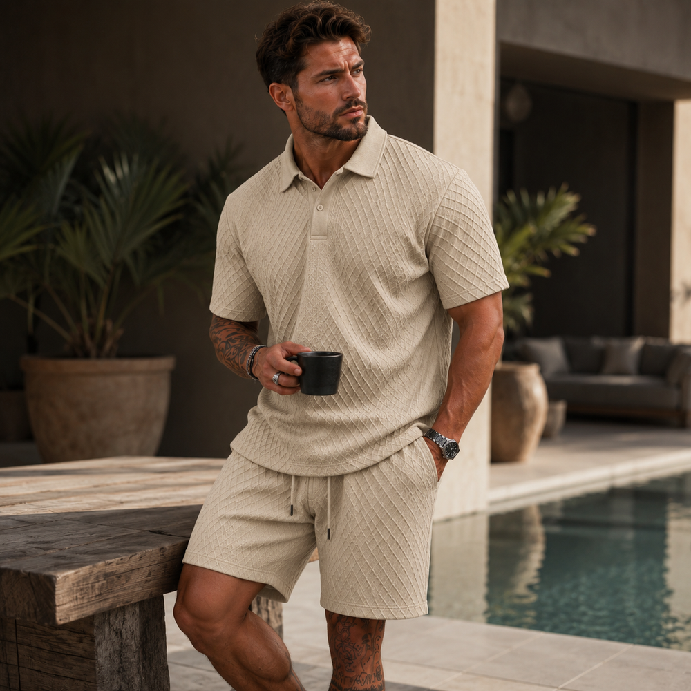 Herren Poloshirt und Shorts Set mit Diagonalem Strukturmuster