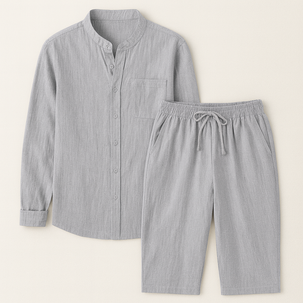 Herren Set mit Hemd mit Stehkragen und Shorts mit Kordelbund