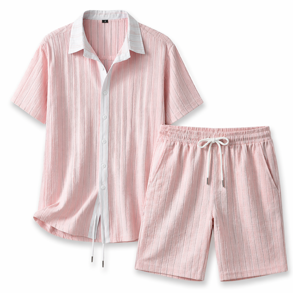 Herren Set mit Kurzarmhemd mit Kragen und Knopfleiste sowie Shorts mit elastischem Bund und Kordelzug