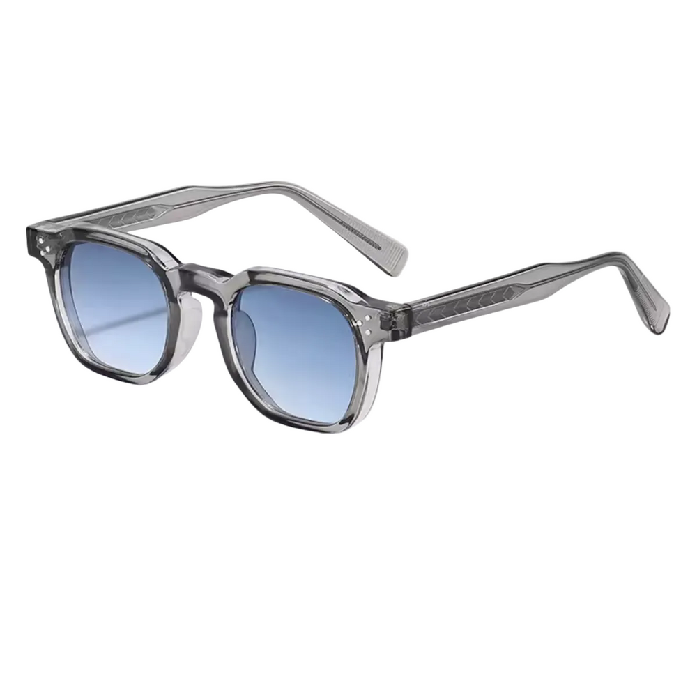 Herren Sonnenbrille mit transparenter eckiger Fassung und gemusterten Bügeln