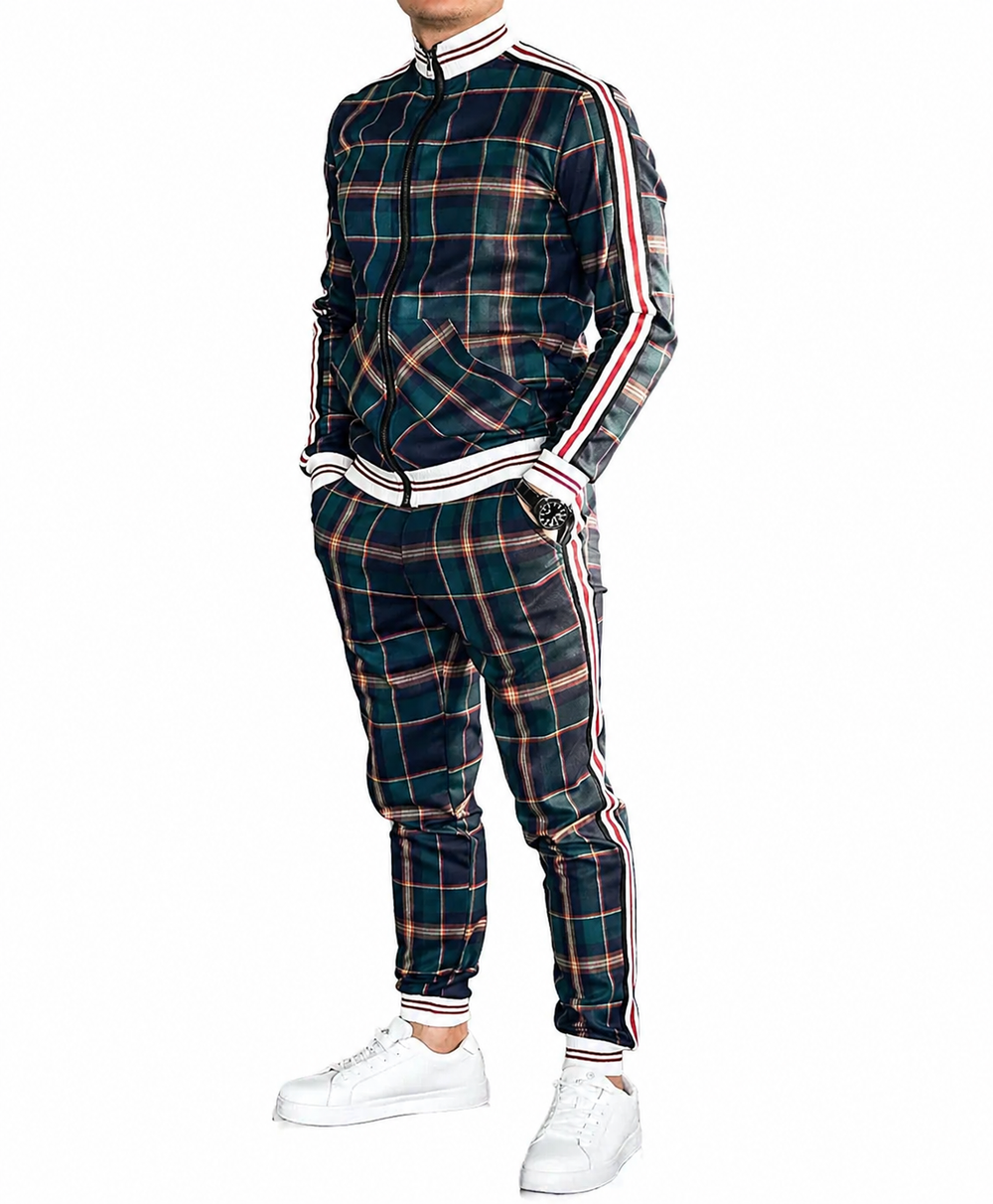 Herren Zweiteiler Set mit Stehkragenjacke und karierten Hosen