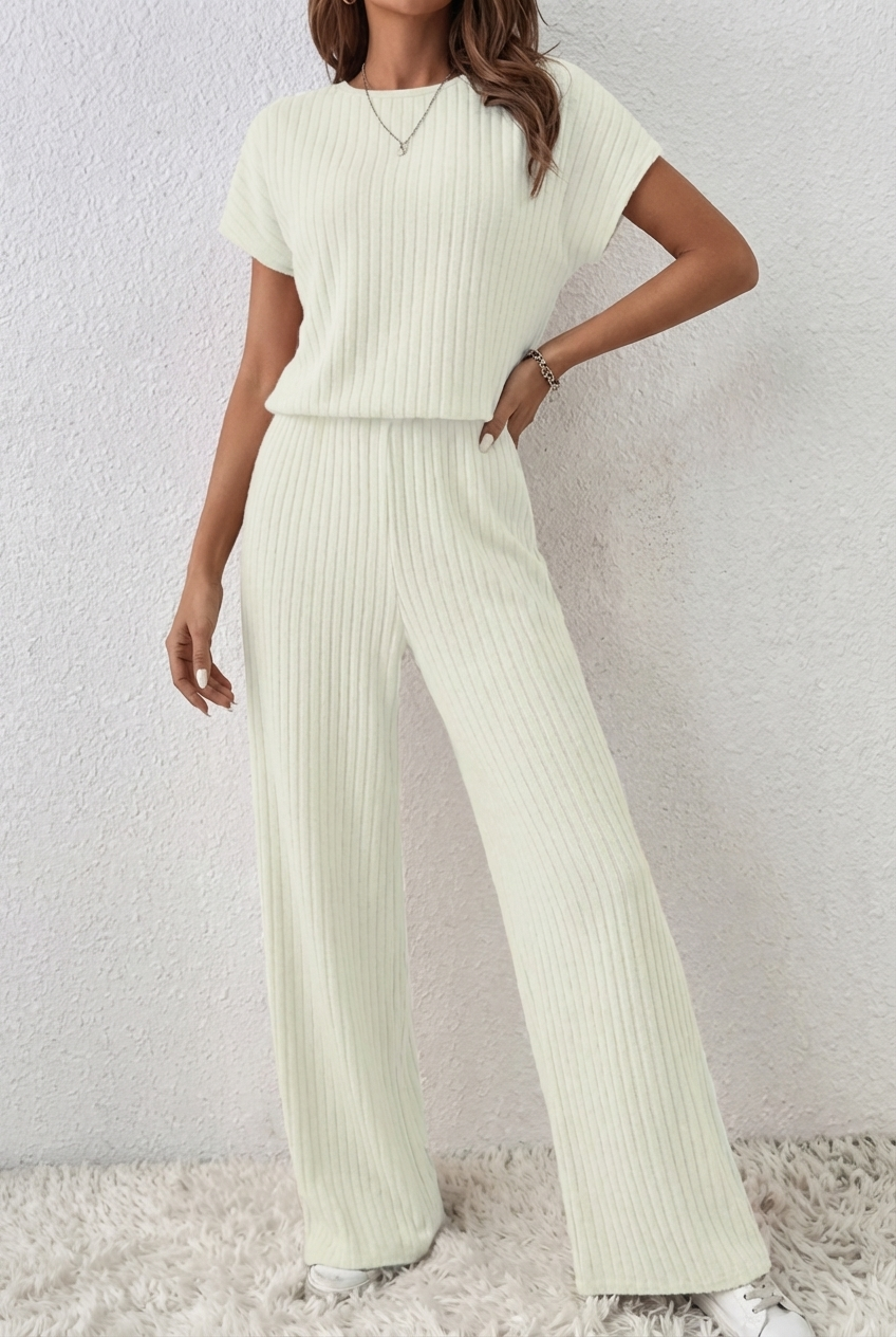 ElevenOra Stilvoller Cremeweißer Reißverschluss-Stehkragen Oversized Kurzarmpullover & Weitbeinige Hose - Geripptes Strick-Zweiteiliges Ensemble