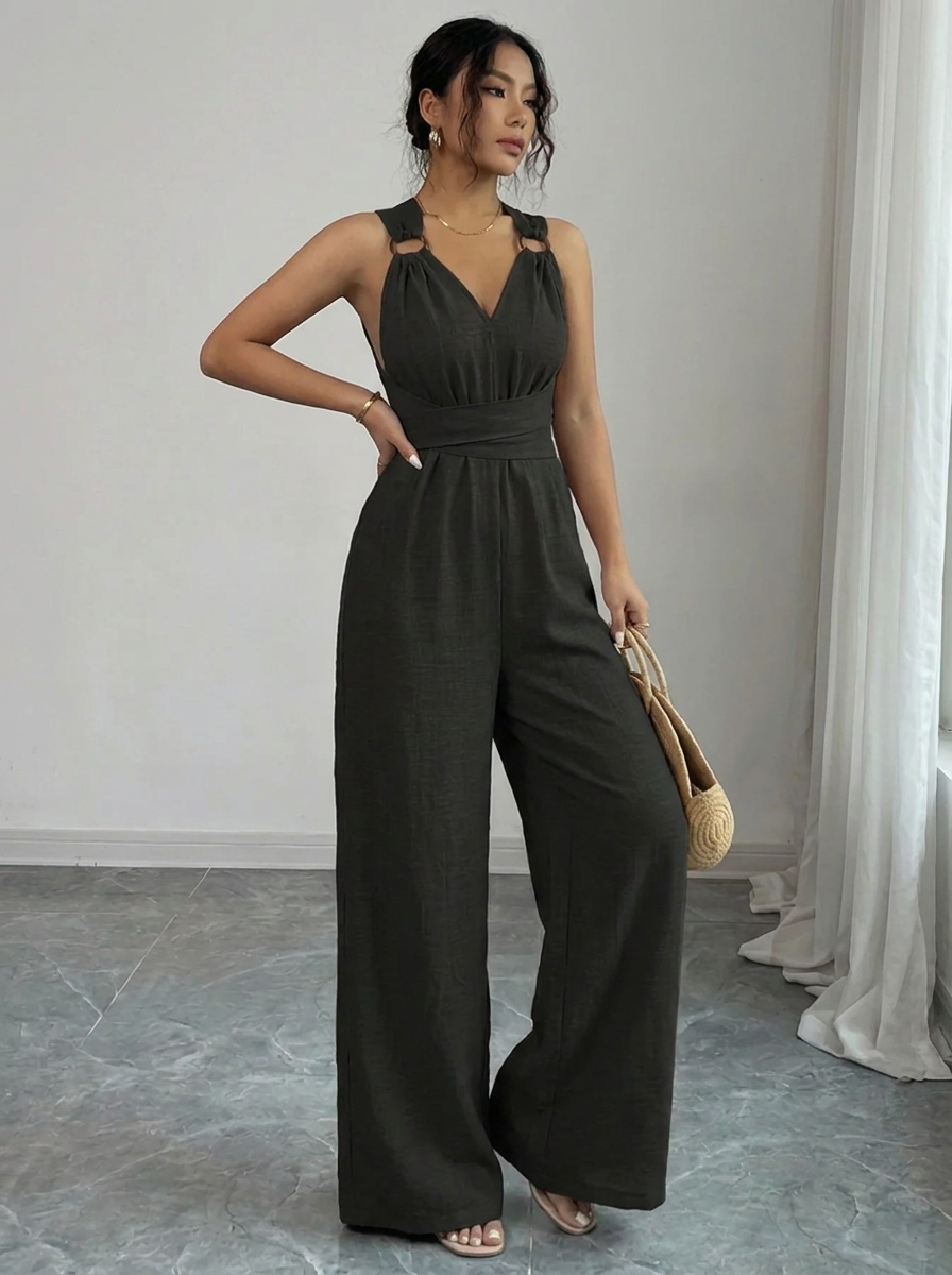 MARYAM™ - Einfarbiger Spitzenoberteil & Jumpsuit Ensemble mit Taschen