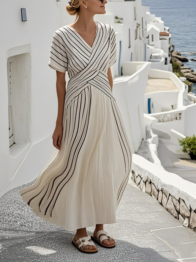 Cressida | Damen Maxikleid V-Ausschnitt Kurzarm Überkreuzte Taille – Crossover Maxi
