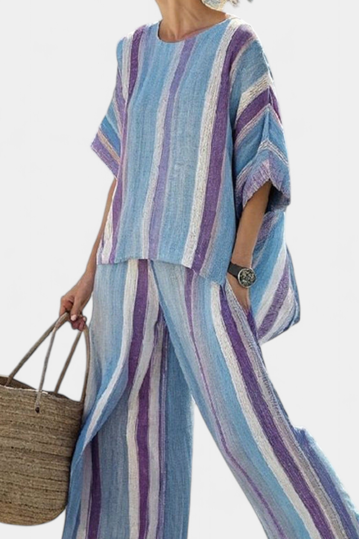 Ginevra – elegantes mauve Pastelloberteil und gestreifte Leinenhose