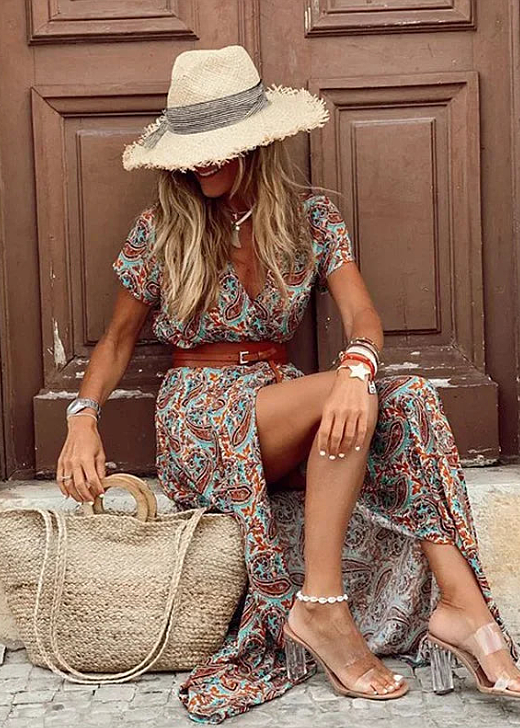Justine | Lange Boho-Robe mit Gürtel