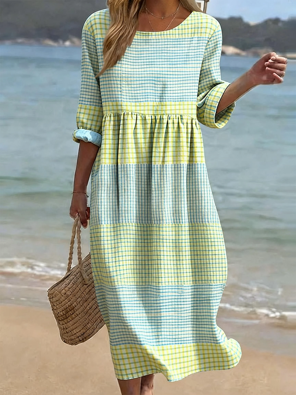 Damen Freizeitkleid mit Rundhalsausschnitt und halben Ärmeln