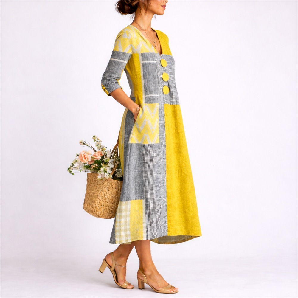 Ingeborg | Damen V-Ausschnitt Patchwork Midi Kleid