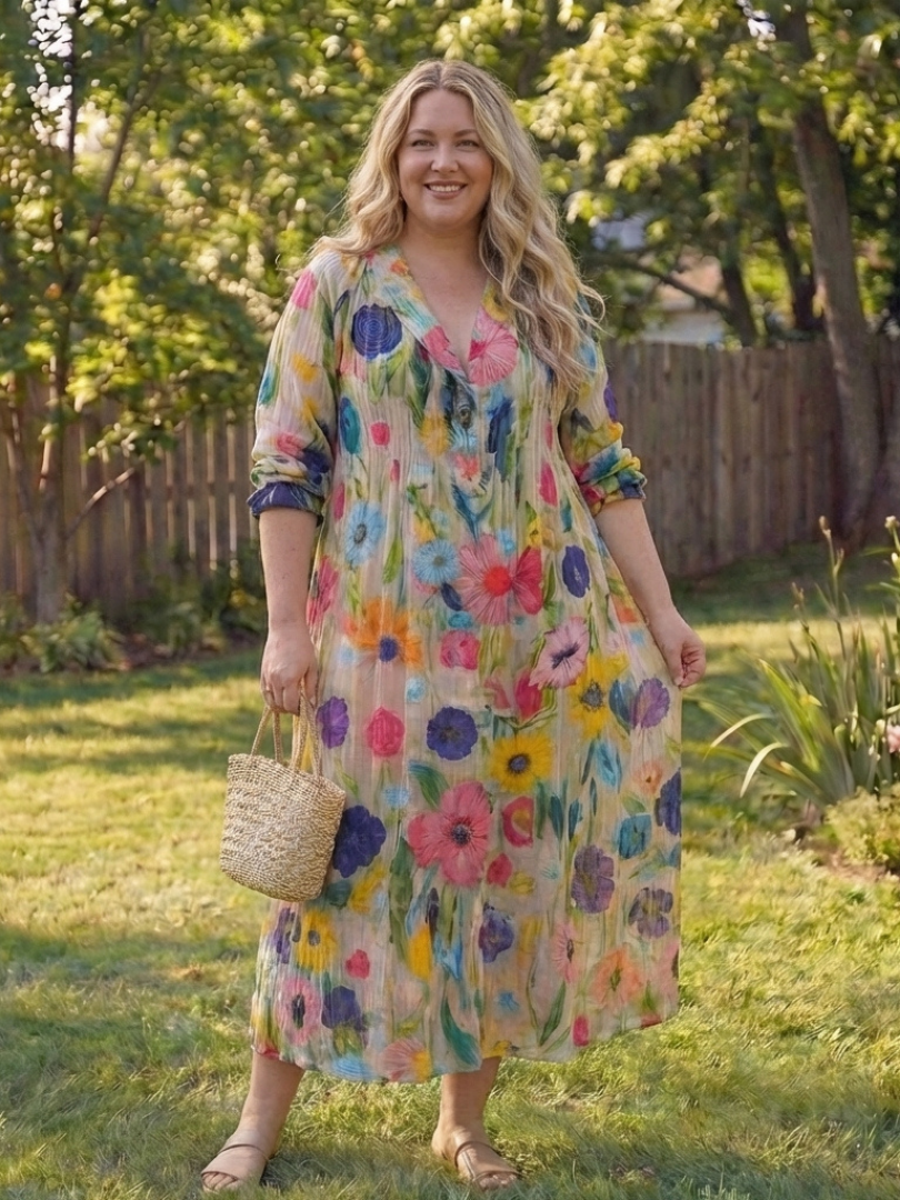 Josefine | Damen Blumen Maxikleid mit 3/4 Ärmeln