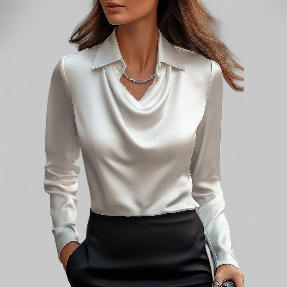 Daniela | Dames Satijnen Blouse met Watervalhals en Lange Mouwen